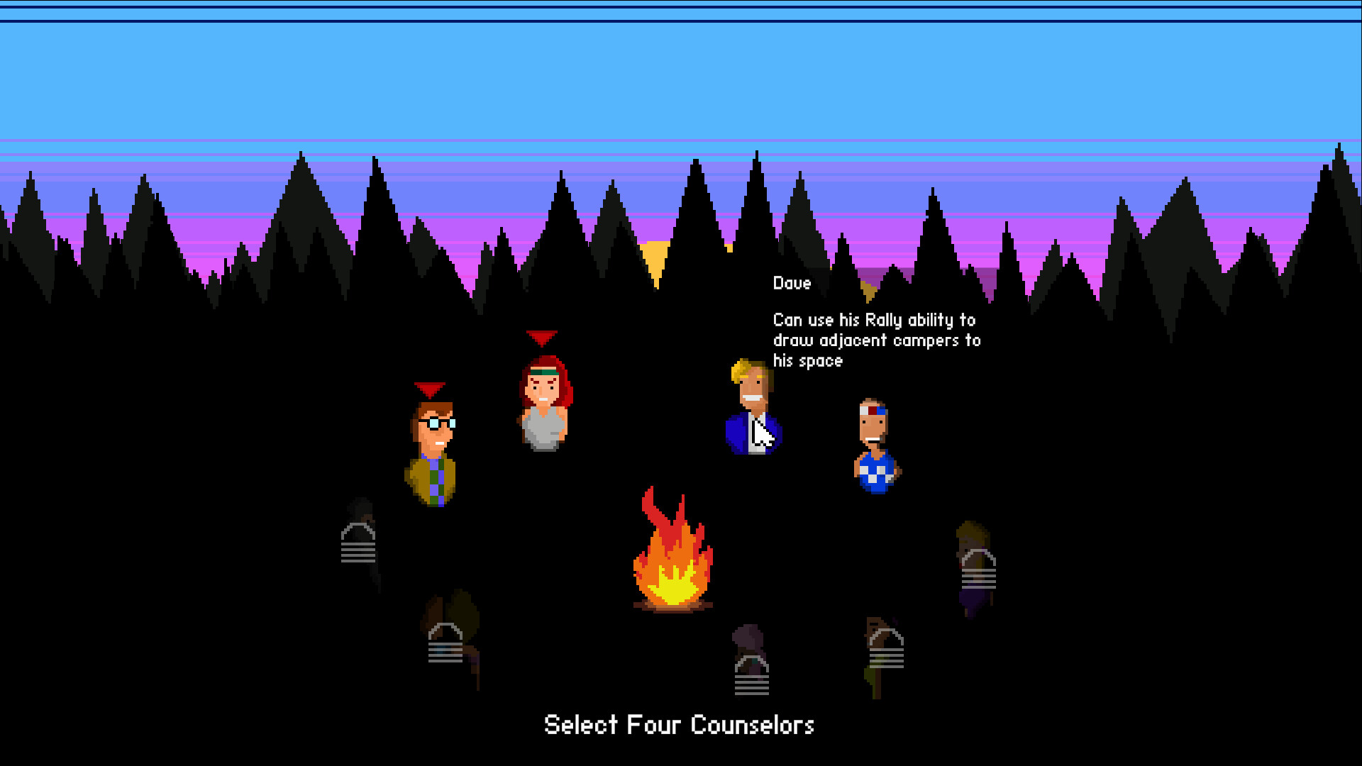 "Select Four Counselors" — squad drafting at the campfire