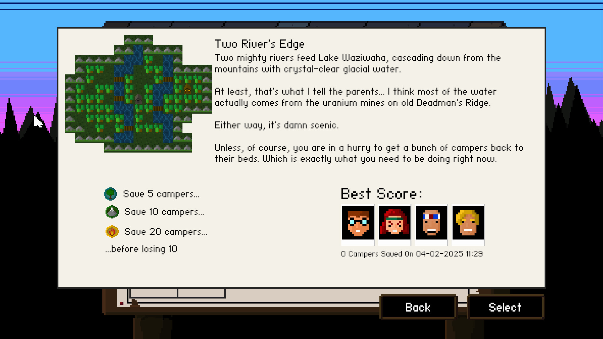 Level select "Two River's Edge" — save 5/10/20 campers before losing 10