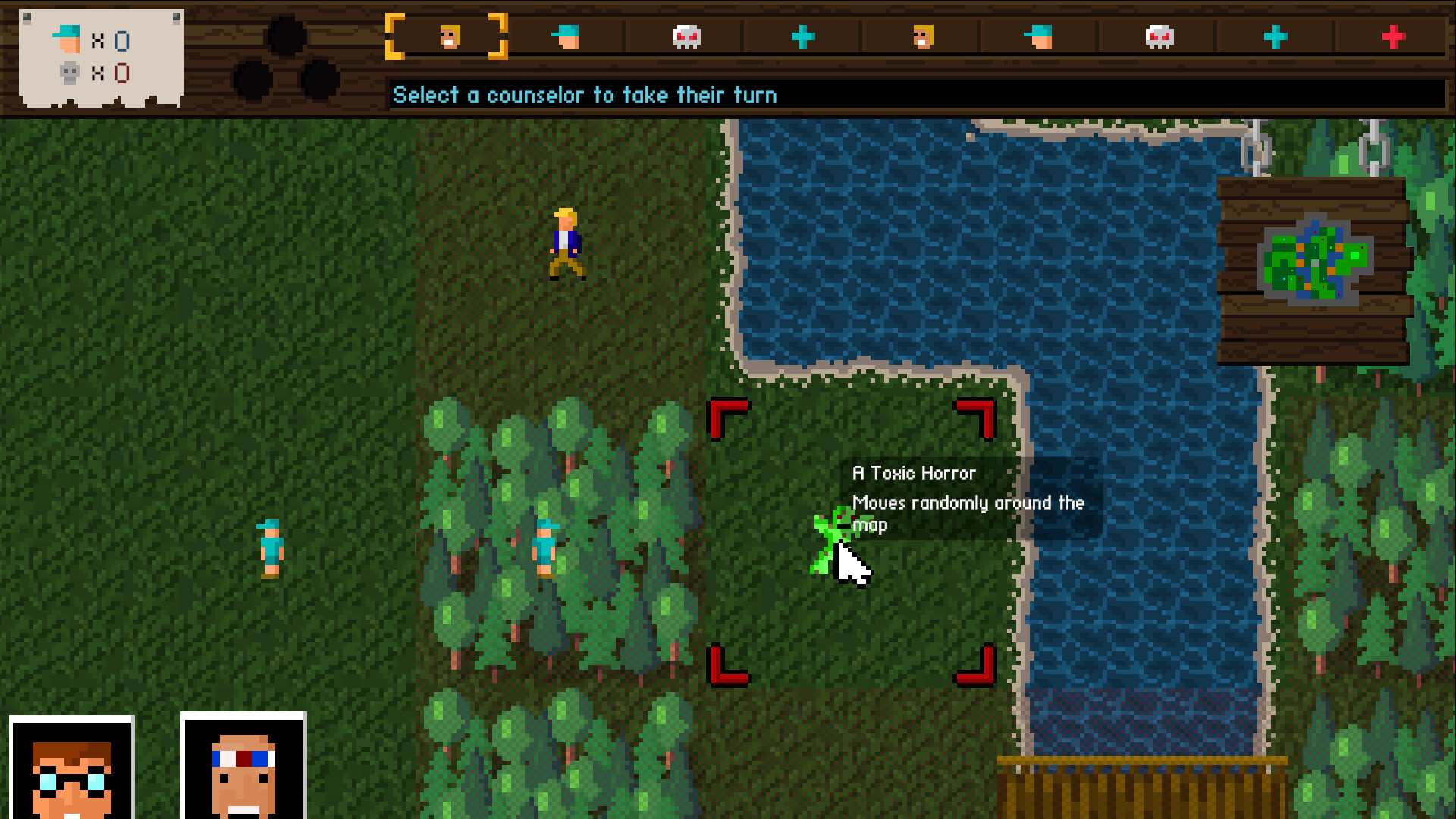 Monster intel tooltip — "A Toxic Horror moves randomly around the map"